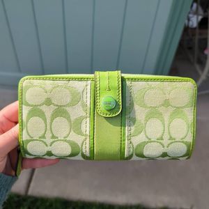 Coach Signature C Lime Green Canvas and Leather Stripe Wallet
